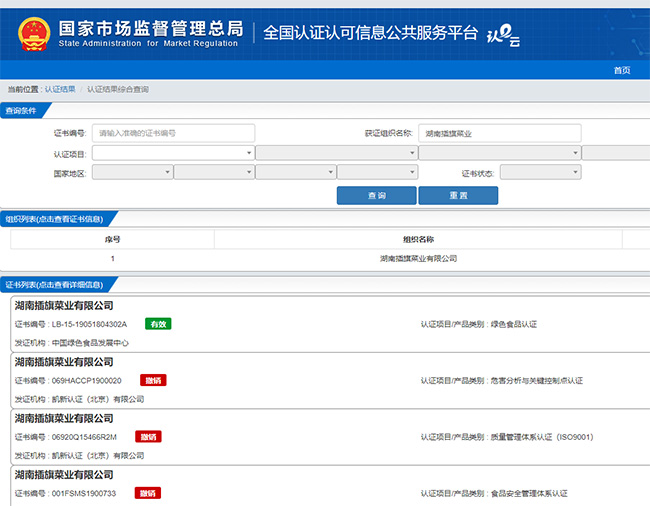 国家市场监督管理局关于湖南插旗菜业的查询结果