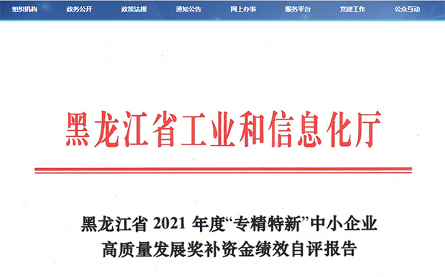 黑龙江省工业和信息化厅发布2021专精特新奖补资金自评的通知